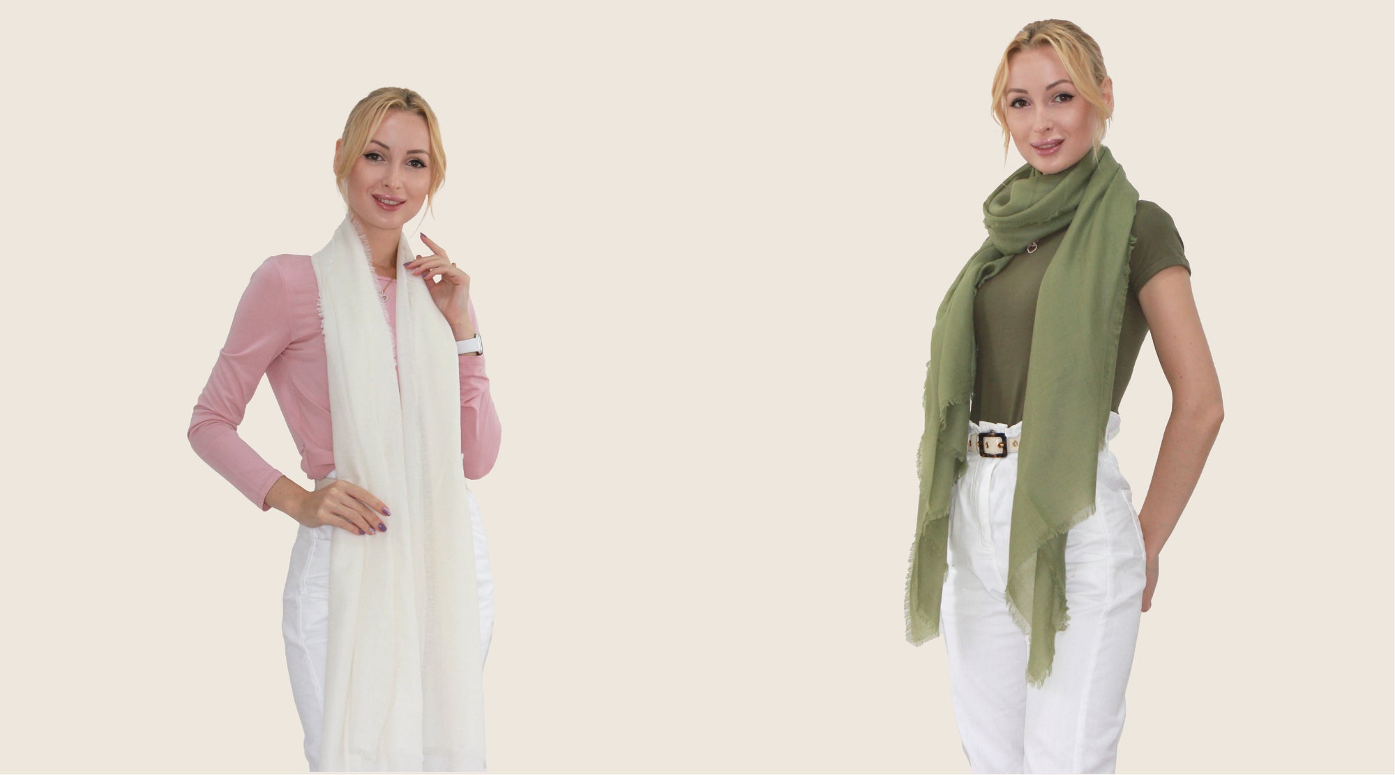two women with lightweighted cashmere scarf