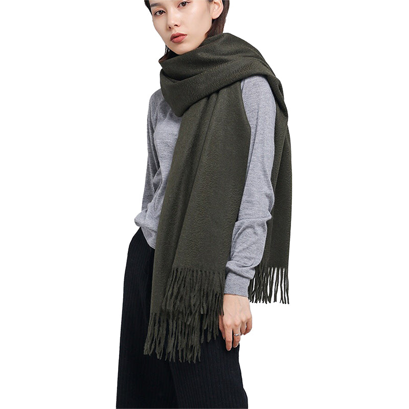 one woman wear navy green cashmere scarf
