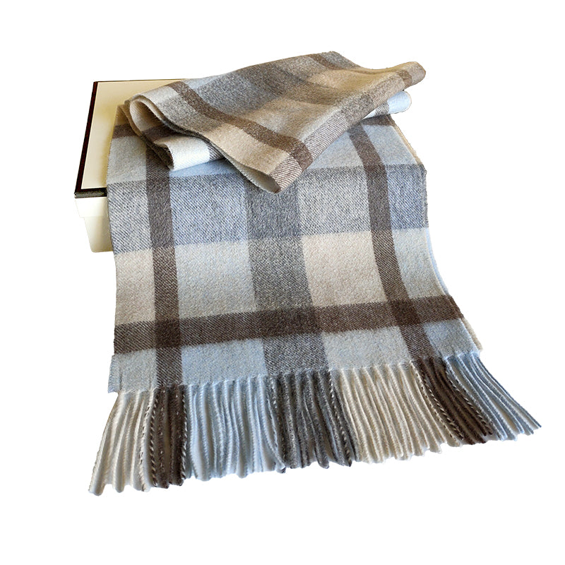 one blue plaid scarf on one box