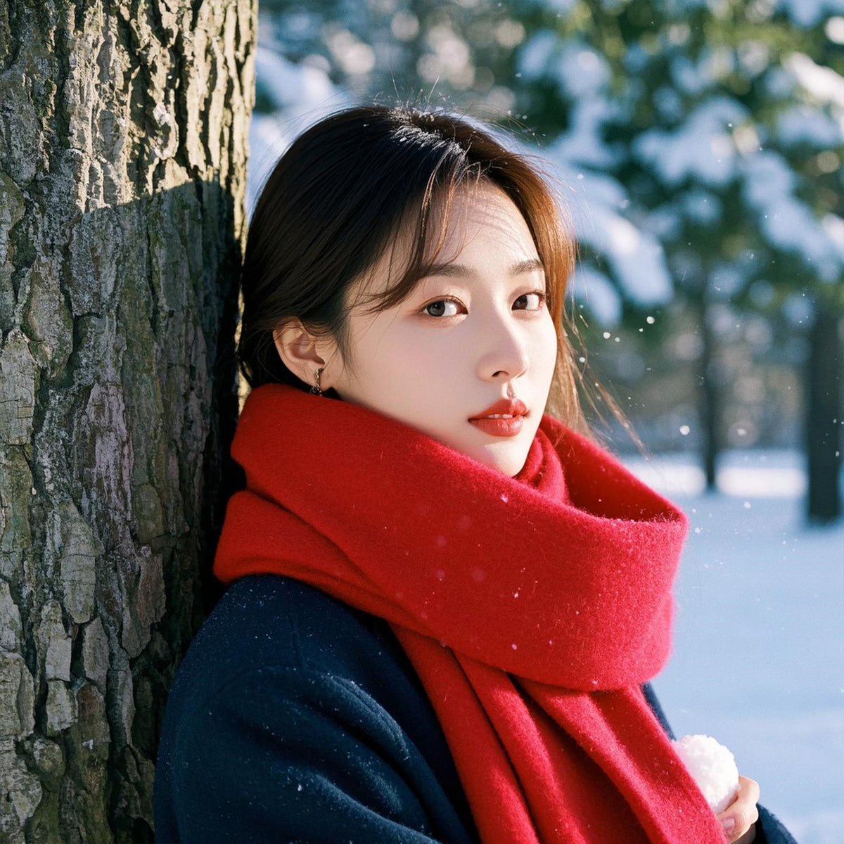 Woman wearing a red scarf leaning against a tree in a snowy landscape