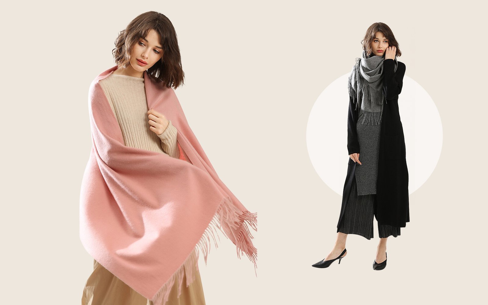 a woman with pink scarf another woman with gray shawl