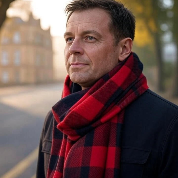 Man wearing a red plaid scarf in an outdoor setting