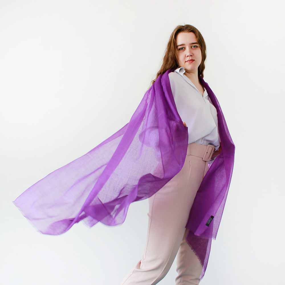 one girl with purple featherlight scarf