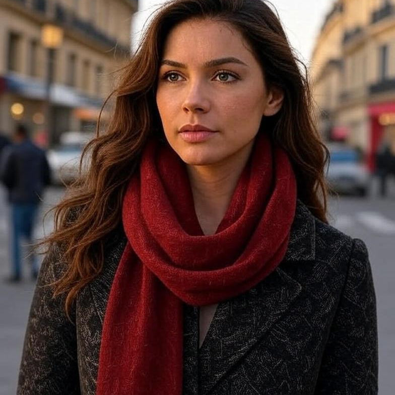 Woman wearing a red scarf in an urban setting