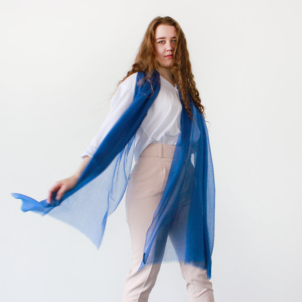 one girl with blue featherlight cashmere scarf