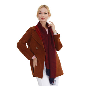 a womam in wine red cashmere scarf